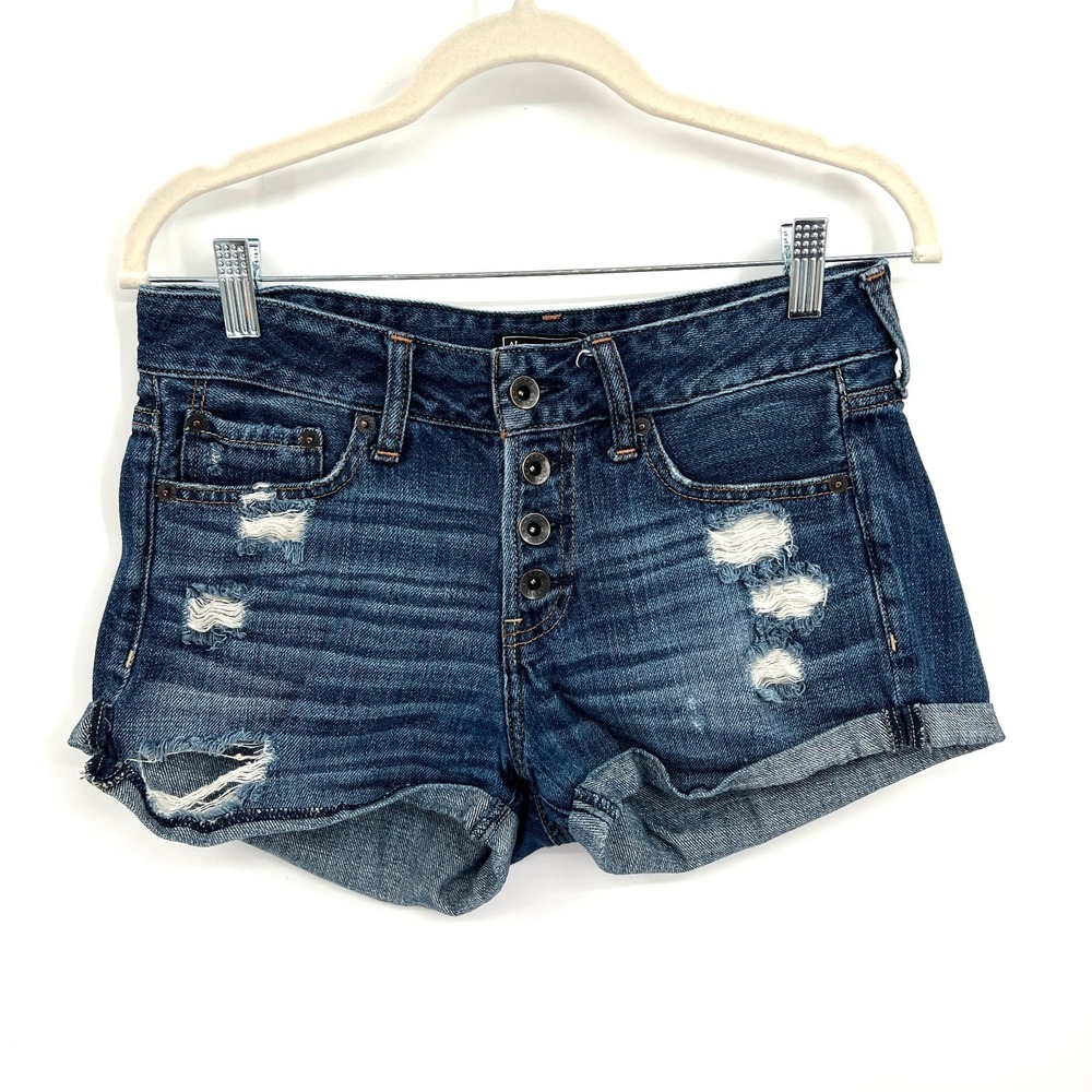 Abercrombie & Fitch‎ mid rise button fly denim distressed micro shorts retro 25